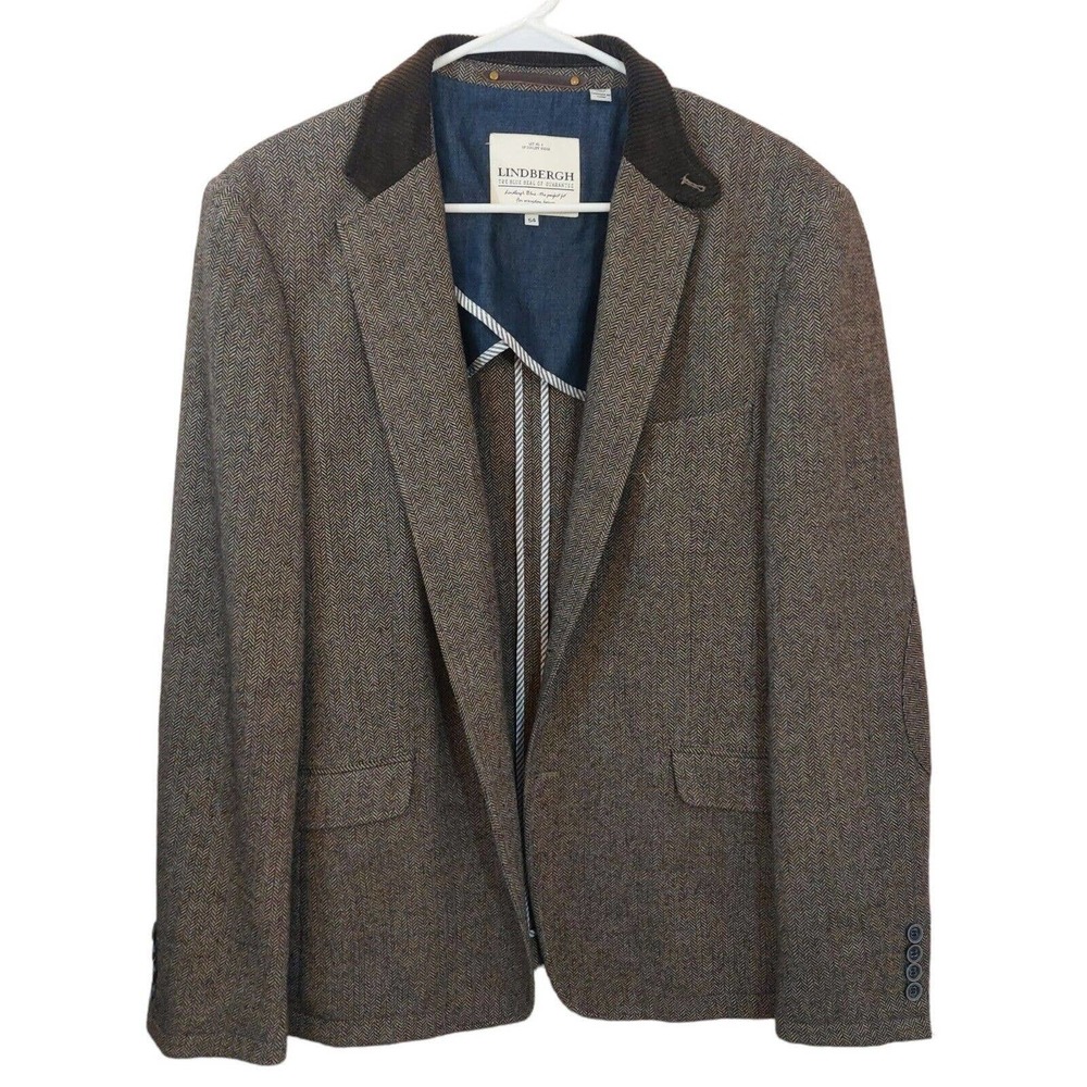 Men's Lindbergh Size 54 Brown Tweed Suit Jacket Corduroy Collar